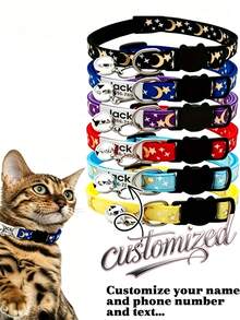 Customizable Shiny Star & Moon Pattern Cat Collar - Personalized With Nameplate, Bell, And Engraved Pet Name Tag - Nylon Material, Adjustable, Anti-Lost, Fashionable Cat Collar Suitable For Kittens And Adult Cats, Breakaway Cat Collar, Reflective - Multicolor - View 1