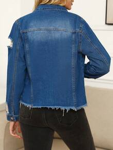 Women's Denim Jacket With Long Sleeves And Buttoned Distressed Denim Jacket - 深色水洗藍 - 查看 11