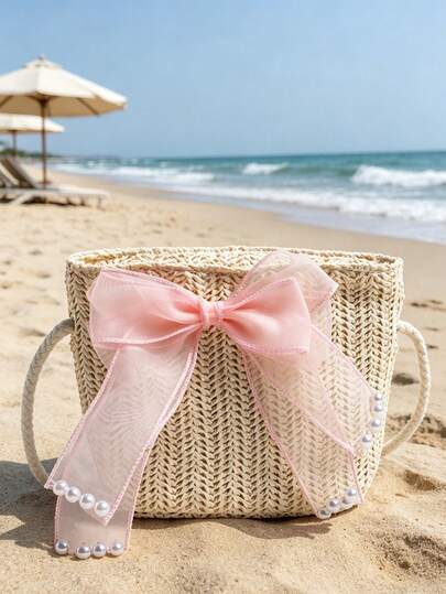 Girly Straw Crossbody Bag, Pink Bow & Pearl Decor, Summer Beach Holiday Mini Purse