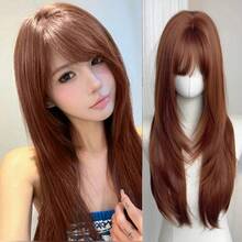 Synthetic Straight Women Wigs High-Layered Orange-Brown Wig With Hair Bangs 26inch Long Straight Wig Women Daily Party Wear - 27-30 - Xem 10