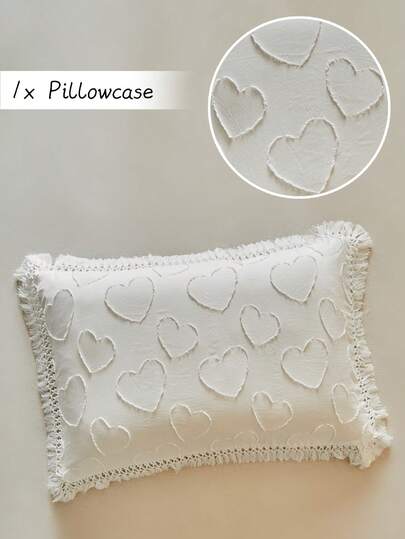 1pc Bohemian Style White Cutout Heart Tufted Pillow Case With Tassel, Rustic Cute Polyester Decorative Throw Pillow Cover Suitable For All Seasons, Living Room Decor, Machine Washable, Durable, Without Filler