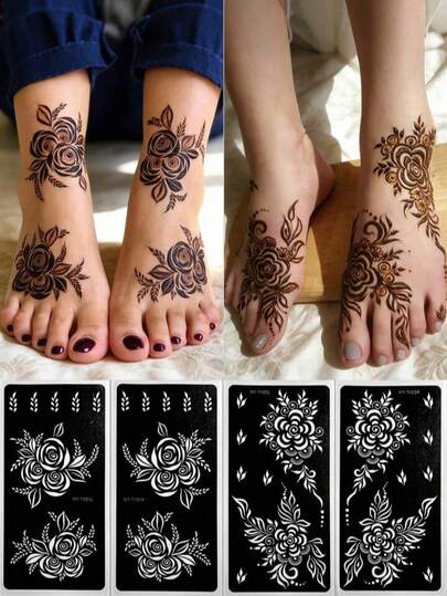 9pcs Reusable Floral Temporary Tattoo Sticker Set, Suitable For Women Body Art Painting, 3-Layer Design