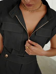 Sollinarry Women's Simple Solid Color Casual Romper With Collar, Summer Black Elegant - Black - View 4