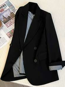 Women's Striped Lining Contrast Color Pocket Double-Breasted Blazer, Suitable For Commuting, Office, Casual Daily Wear - Black - View 3