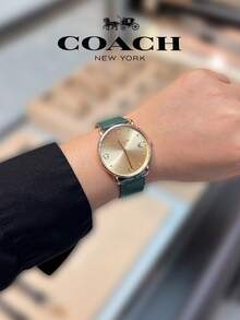 Coach Elliot Series Women's Quartz Watch, Gold Tone Case Green Leather Strap Gold Dial - Green - View 2