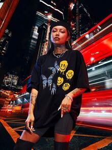 Oversized T-Shirt With Butterfly Print And Dropped Shoulders - White - View 1