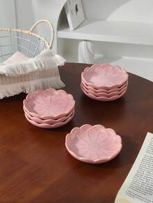 1pc/2pcs/4pcs/6pcs/8pcs Pink Ceramic Flower Shaped Plates, Cute Sakura Small Dishes, Japanese Embossed Floral Sauce Bowls Suitable For Sushi, Snacks, Desserts, Tea Bags, Home, Restaurant, Kitchen Tableware - Multicolor - View 6