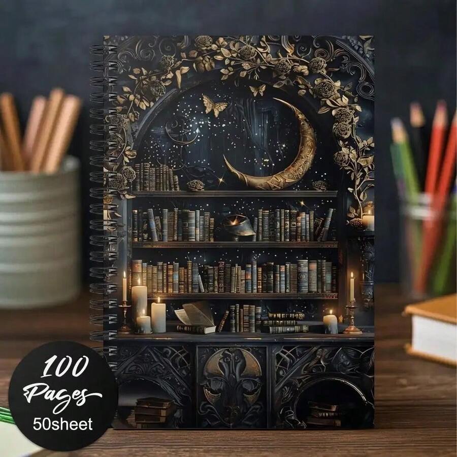Crescent Spiral Notebook, Gothic Dark Academia Diary, Suitable For Note-Taking, Journaling, List-Making, Or As A Witchy Flower Gift For Book Lovers, Diary Notebook, List-Making Journal, Mysterious Diary Design, Vintage Spiral Notebook - I - View 1