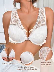 Women's Front Closure Lace Wireless Bra, Beautiful Back Design, Breathable & Comfortable, Lift & Enhance, Suitable For Casual Daily Wear - White - View 3