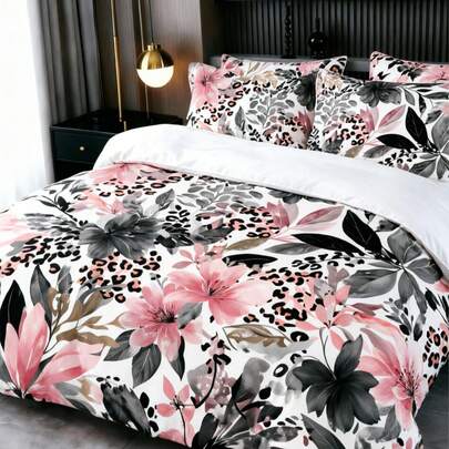 3Pcs Pink Floral & Leopard Print Duvet Cover Pillow Cover Pattern Is Random Duvet Cover Set (1 Duvet Cover + 2 Pillowcase Without Pillow Insert), Bedding Set, Soft Warm And Cozy Bedding Set For Bedroom, Guest Room, Dormitory Decoration Set Rose Plant Print Soft Skin-Friendly Luxury Bedding