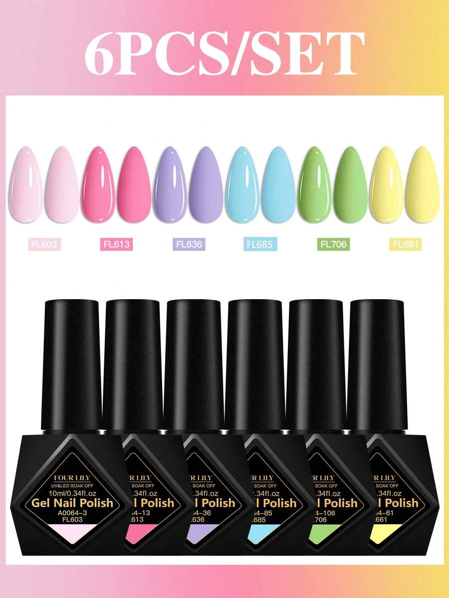 FOUR LILY 6件組 10ml 馬卡龍色凝膠指甲油，無HEMA、無TPO半永久可卸式UV凝膠指甲油，持久、無鉛DIY美甲裝飾，美甲沙龍與居家美甲護理用品