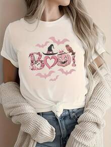 Women's Halloween T-Shirt With Pumpkin, Bat, And Witch Hat Print - Breathable & Comfortable, Crew Neck Casual Top For Leisure Wear, Halloween Clothing | Halloween Graphic T-Shirt | Comfortable Sleepwear - White - View 6