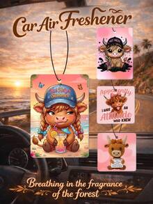 4pcs/1pc Highland Cow Car Fragrance Hanging Ornament, Rearview Mirror Decor, Cute Car Interior Accessory, Women & Girls Car Accessory, Fragrance Decor, Sweet Gift For Friends & Girlfriends, Fashionable Car Rearview Mirror Pendant - Multicolor - View 2
