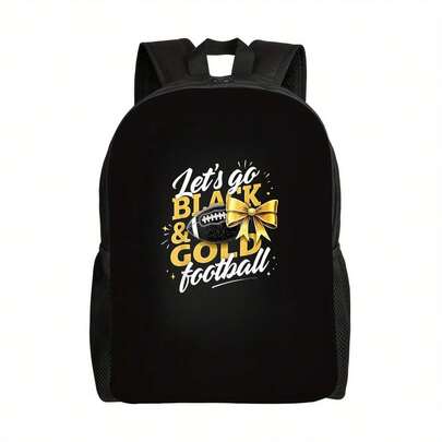 Women's & Unisex Large Capacity Let's Go Football Backpack - 600 Oxford School Travel Backpack With Football Chain Graphics, Adjustable Straps & Laptop/Tablet Compartment, Lightweight For College,, Outdoor (Black/Golden)