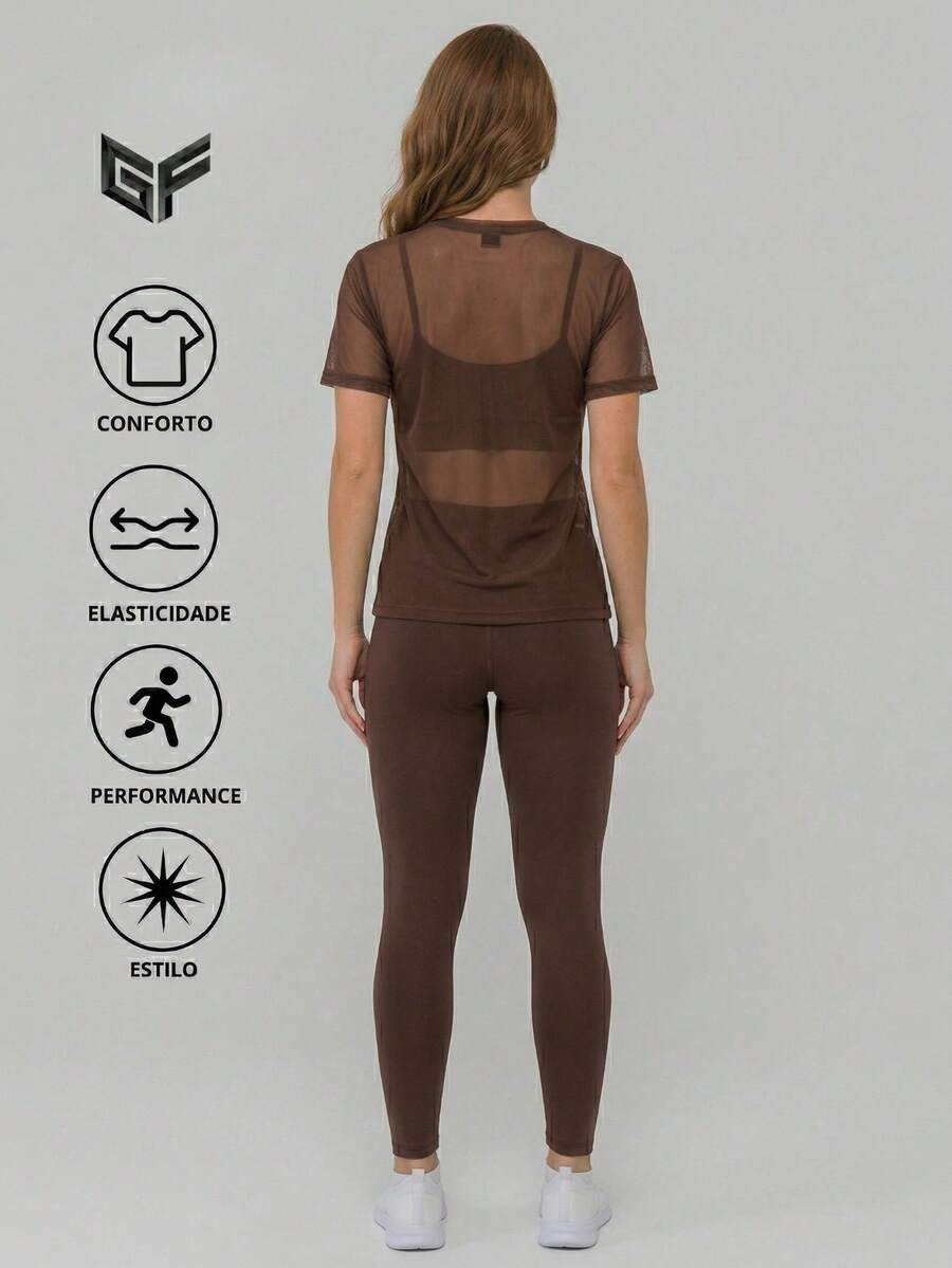 Women's 3-Piece Gym Set | Padded Top + Leggings + Tulle Blouse – Comfort & Elegance, Stylish And Transparency-Free Women's Gym Outfit - 咖啡棕色 - 查看 1