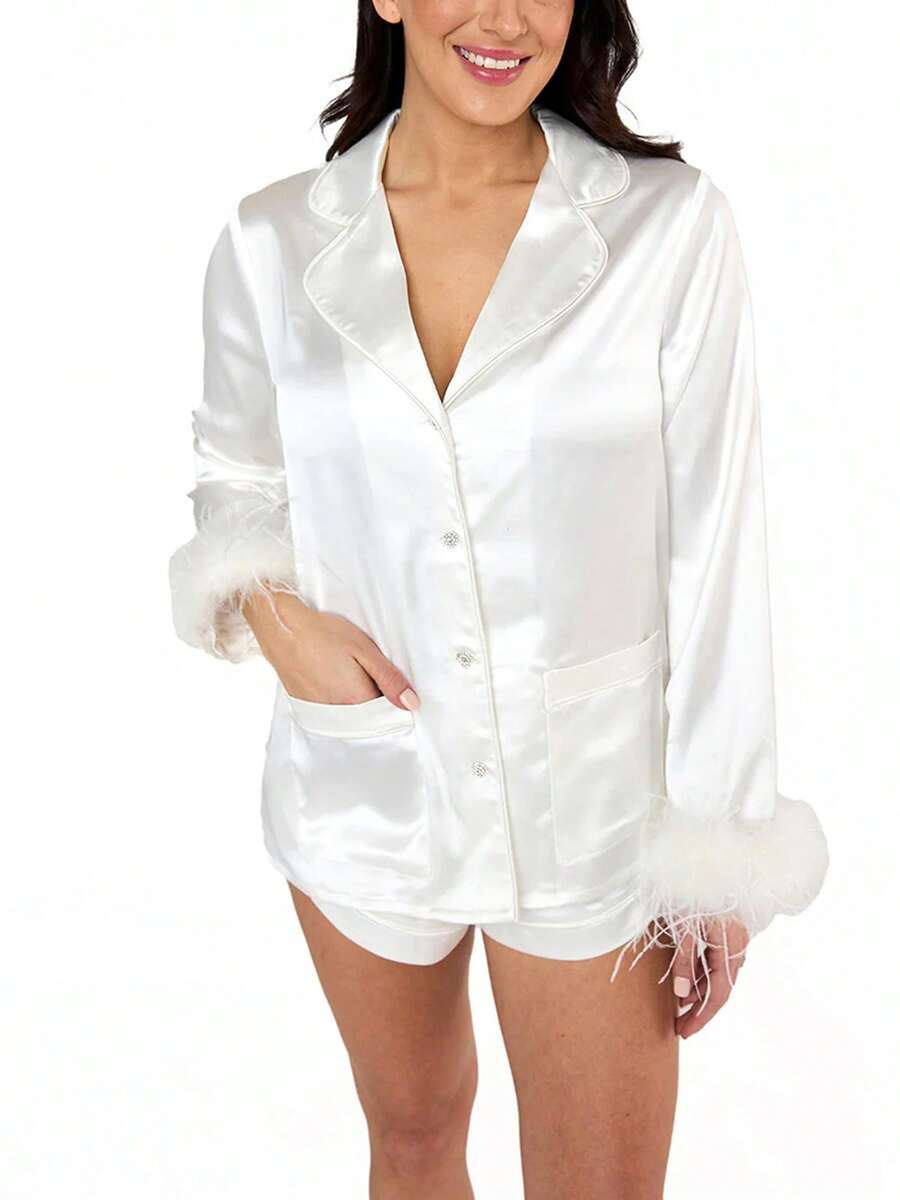 Women Satin Pajamas Set Solid Color Lapel Long Sleeve Tops With Feather Cuffs + Shorts Set Fall Clothes - White - View 1