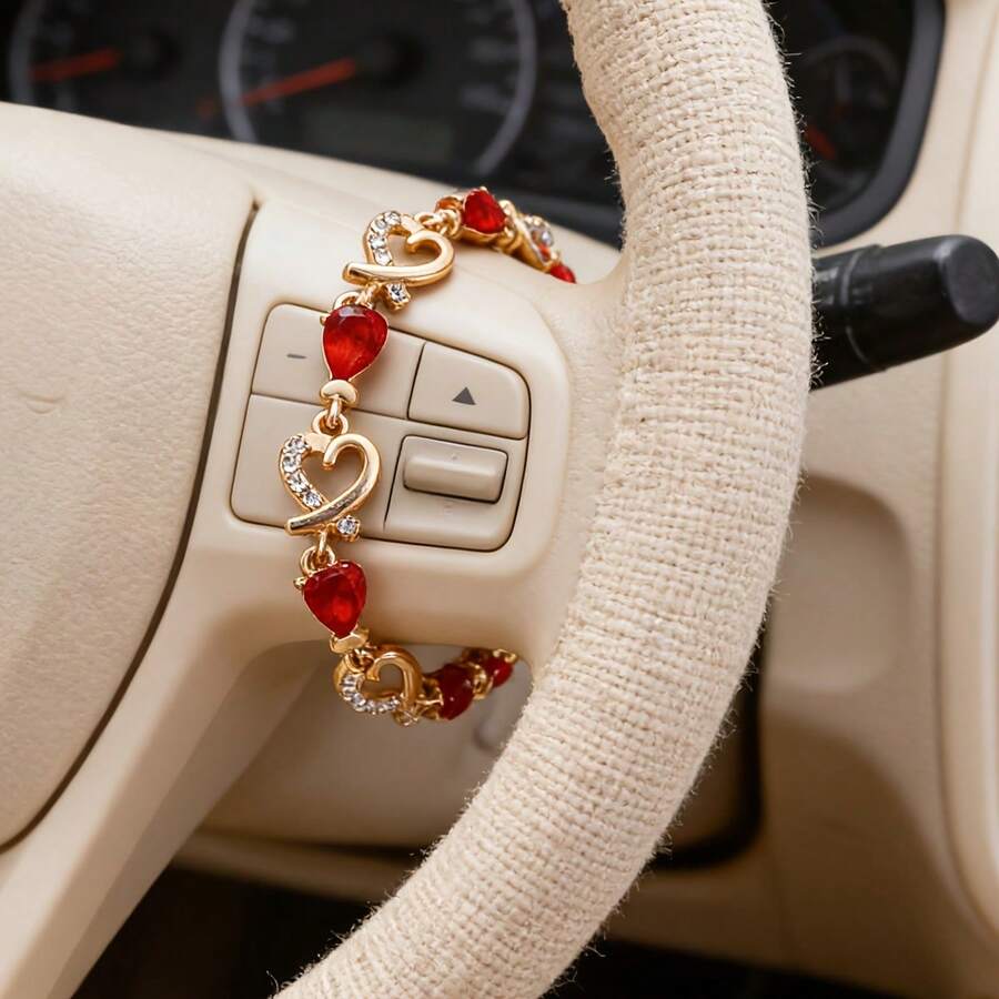 Vintage Heart-Shaped Steering Wheel Decor, Red Gemstone Gold Chain Car Decoration, Niche Personalized Car Steering Wheel Accessory - A - View 1