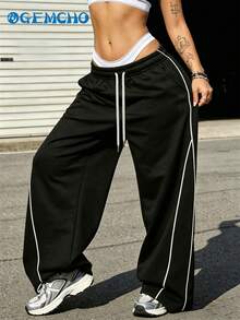 GEMCHO Pantalones casuales de verano con cintura elástica y cordón, pantalones deportivos sueltos y de moda, adecuados para todas las estaciones - Negro - Ver 1