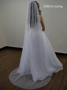 1 pieza Velo nupcial largo y transparente de estilo catedral de una sola capa con brillo, color blanco con peine de metal, Día de San Valentín - Blanco - Ver 14