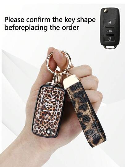 New Leopard Print Car Key Chain + Leopard Print Key Case, Fashion Leather Wrist Strap Gold Clasp Pendant, Stylish Women's Bag & Car Decor, Scratch-Resistant Versatile Trending Gift