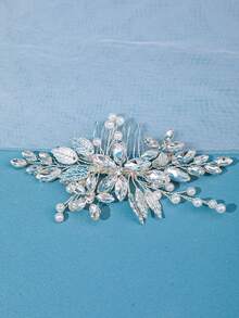 Handmade Rhinestone Leaf Bridal Hair Comb, Romantic Wedding Headpiece - Silver - View 3