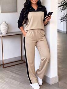 2 件套女士休闲套装，轻盈修身时尚运动套装，配阔腿裤，春夏 - 膚色 - 查看 2