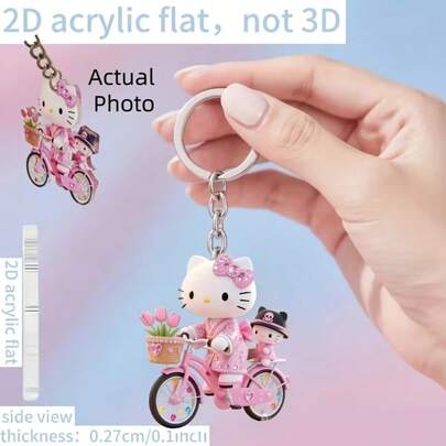 SANRIO 1个可爱的三丽鸥Hello Kitty自行车亚克力钥匙扣，配有2D装饰吊坠；一个可爱的卡通猫咪自行车挂件；双面印花钥匙扣；完美的动漫主题钥匙扣礼物，送给女孩的理想之选。
