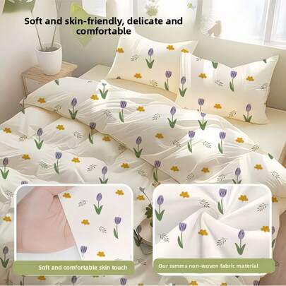 Bộ 3/4 món ga trải giường dùng một lần in hình hoa tulip, chất liệu vải không dệt mềm mại, thân thiện với da, thoáng khí và thoải mái, phù hợp cho mọi mùa. Ga trải giường hoa lãng mạn lý tưởng cho du lịch, khách sạn, gia đình và các cặp đôi.