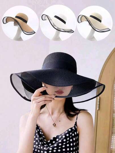 1pc Large Brim Cover Face Hat ElegantOrganza Bucket Hat Female SummerThin Sunshade Sunblock Straw HatHalloween,Beach,Vacation
