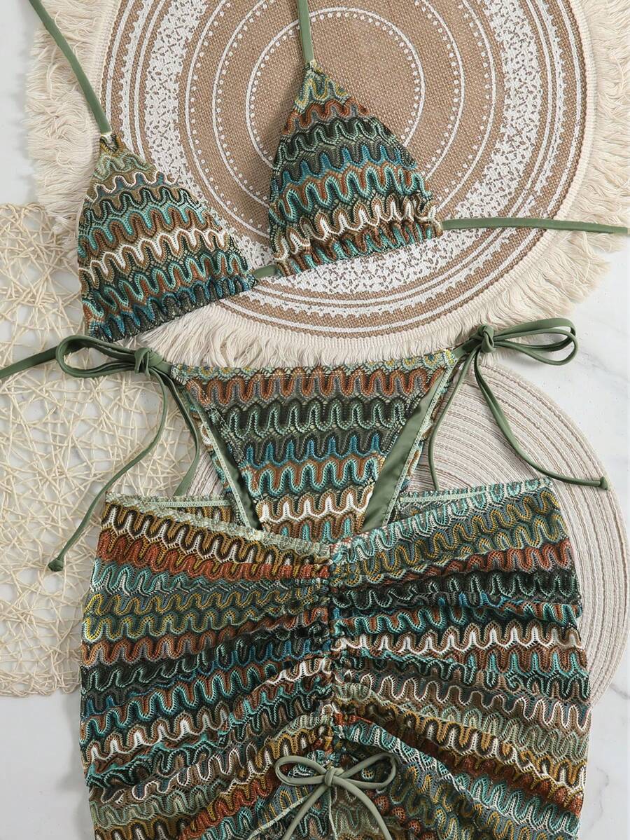 Bikinx Women's Summer Beach Wavy Pattern Halter Tie Sexy Bikini Set With Cover-Up Skirt Vacation - Multicolor - View 1