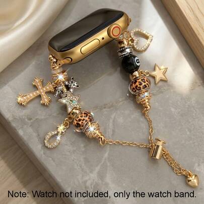 1pc Fashion Women's Accessories Band Compatible With Apple Watch 38-49mm, Leopard Print Beaded Cross Pendant Decor For Apple Watch Ultra 3/2/1, SE Series 1-11, Watch Replacement Band Only, Watch Not Included