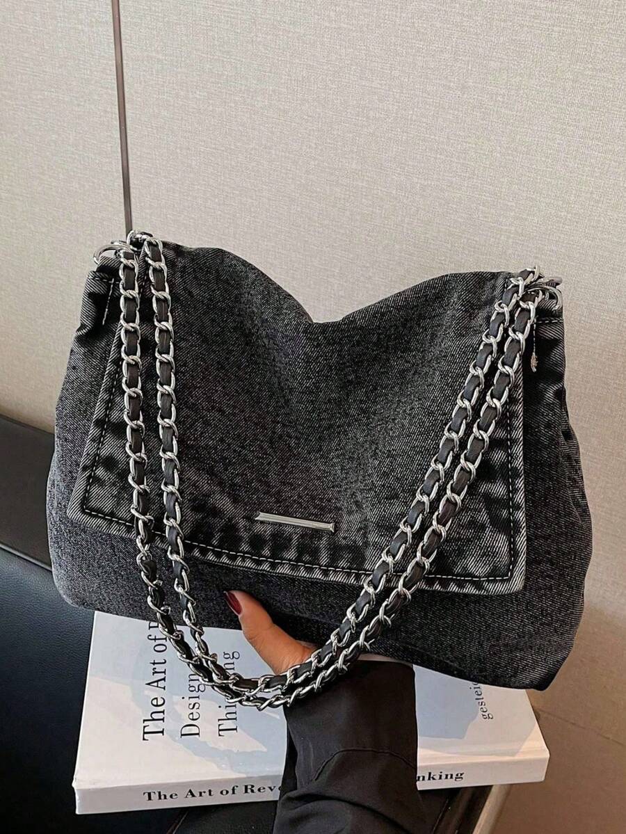 New Korean Style Chain Strap Large Capacity Denim Tote Bag, Casual Commuter Shoulder Bag For College Students - Black - View 1