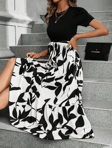 Women's Printed Maxi Dress Short Puff Sleeve Crew Neck Tie Waist Casual Long Dress For Daily Wear Party - 白色 - 查看 5