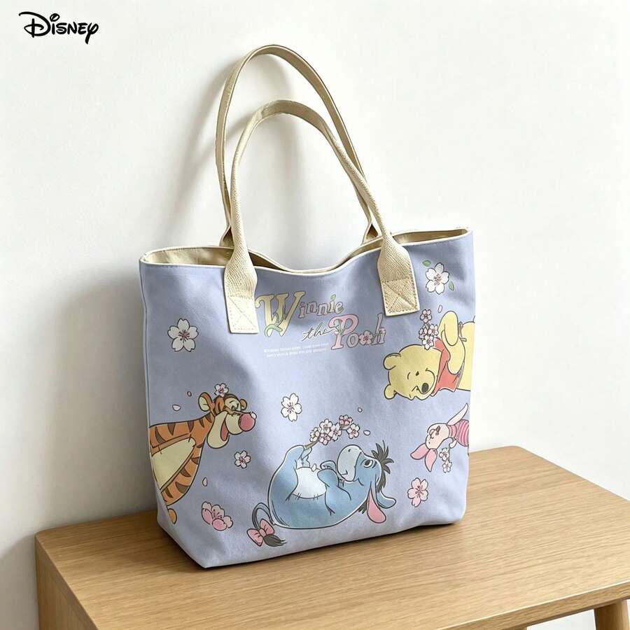 迪士尼小熊维尼帆布手提袋，可爱维尼和朋友樱花印花单肩包，日常使用 - 白色 - 查看 1