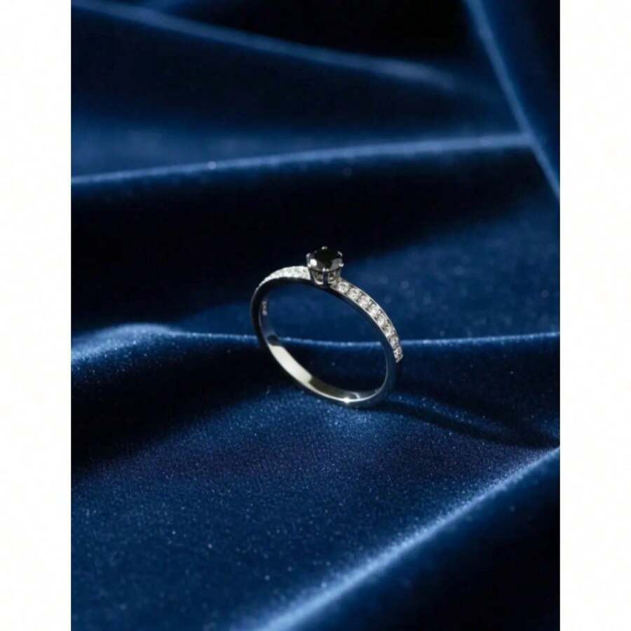 Stainless Steel Silver Solitaire/Stacking Ring With Colored Zirconia Stone, 4mm, For Graduation Or Debutante Parties. - Black - View 1