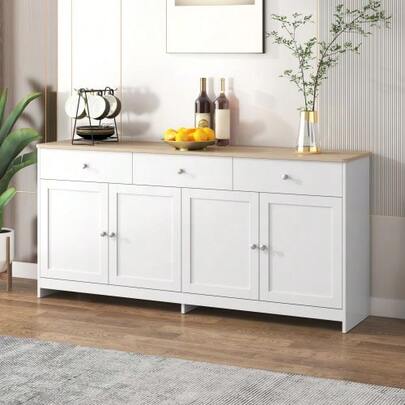 White Wooden Dining Room Cabinet With Four Doors And Three Drawers For The Living Room Or Dining Room. Wood And White Color.