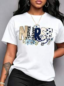Women's Nurse Print Tee - In A Bright Turquoise Blue With Stethoscope And Syringe Patterns,A Fun Nursing Outfit Suitable For  Wear In Spring,Summer - 白色 - 查看 1