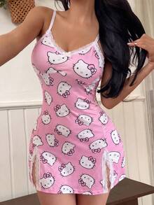 SANRIO 1件KT猫咪蝴蝶结蕾丝拼接侧开衩性感休闲可爱牛奶丝面料女士睡裙 - 粉色 - 查看 5