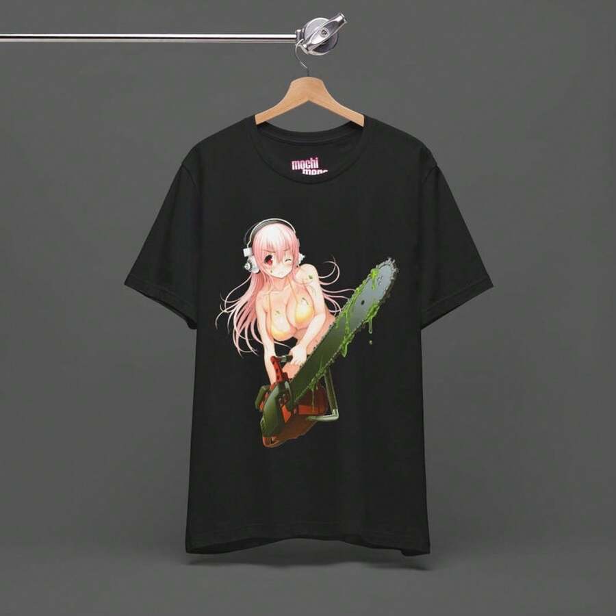 Unisex T-Shirt Made Of Pure Cotton, Kawaii Anime Super Sonico T-Shirt, SoniAni Chainsaw Bikini Cutecore Tee, Pinkcore Jojifuku Shirt, Super Unisex Short Sleeve, Summer T-Shirt, Blouse, Basic Tops, Tops, T-Shirt, Creative Design, Outdoor Play, Cool Style, Fun Design, Great For Outdoor Play - màu đen - Xem 1