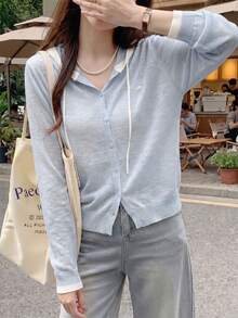 春夏韩版撞色滚边连帽轻薄针织外套，女士新款抽绳休闲薄款外套 - 藍色 - 查看 4