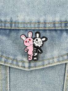 1pc Dark Punk Style Twin Rabbit Enamel Brooch, Stitched Smile Plush Rabbit Badge, Fashion Accessory, Unisex Design, Gift For Friends - Multicolor - View 4