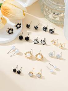 12 Pairs Elegant Minimalist Flower & Ball Stud Earrings Set, Suitable For Party, Gathering, Outdoor Wear - Multicolor - View 2