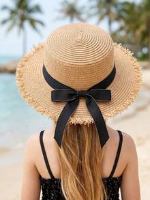 Mũ rơm viền be, nơ đen cho bé gái, thoáng khí, thích hợp cho mùa hè đi biển/hoạt động ngoài trời, phù hợp cho trẻ từ 3-8 tuổi. - 1PC - Xem 7