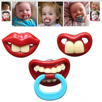 Set de 3 chupetes divertidos para bebé, chupetes con sobremordida, chupetes suaves con dientes grandes falsos, hechos de silicona, para la salud del bebé, gran regalo para niños