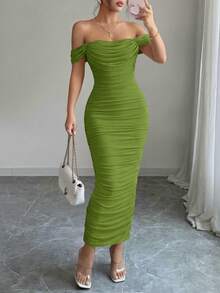 PRETTYGARDEN Women's Summer Dresses Off The Shoulder Dress Ruched Bodycon Sleeveless Evening Elegant Dresses Wedding Guest Graduation Cocktail Club Party Maxi Dresses - 橄欖綠色 - 查看 1