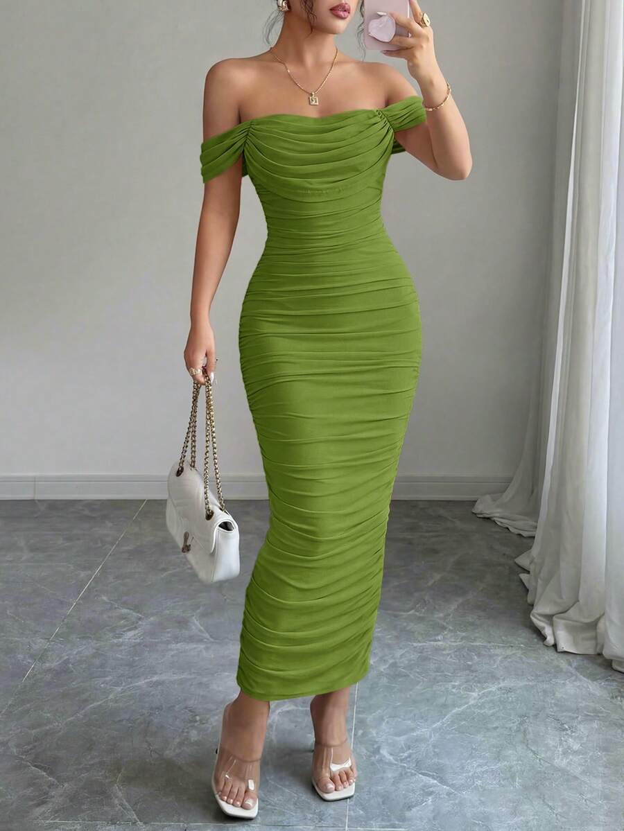 PRETTYGARDEN Women's Summer Dresses Off The Shoulder Dress Ruched Bodycon Sleeveless Evening Elegant Dresses Wedding Guest Graduation Cocktail Club Party Maxi Dresses - 橄欖綠色 - 查看 1
