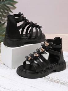 1 Pair Girls' Roman Sandals, Solid Color Soft Multi-Layer Criss-Cross Straps + Shiny Heart-Shaped Rhinestone Buckle Decor, Round Toe Open Toe Elastic Non-Slip Platform Sole, Heel Zipper Design, Fashion Sweet Princess High-Top Sandals, Suitable For 3-12 Years Old Girl Students Daily, School, Festival, Performance, Travel, Vacation, Spring/Summer New Arrival - Black - View 5