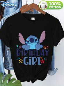 Disney Collaboration Licensed Stitch From 'Lilo & Stitch' Birthday Party Print Women'S Round Neck Shirt, Suitable For Wearing In Spring, Summer, And Autumn, A New Versatile Casual Soft And Comfortable Oversized T-Shirt - 黑色 - 查看 1