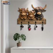 1 Peça Suporte de Chaves em Forma de Vaca 2D Plana - Decoração de Madeira Rústica. Gancho Multifuncional com 4 Ganchos de Metal. Decoração de Parede, Decoração de Varanda, Decoração de Quarto, Decoração Doméstica o Ano Todo. Adequado para Presentes Sazonais. - Multicolorido - Visão 5