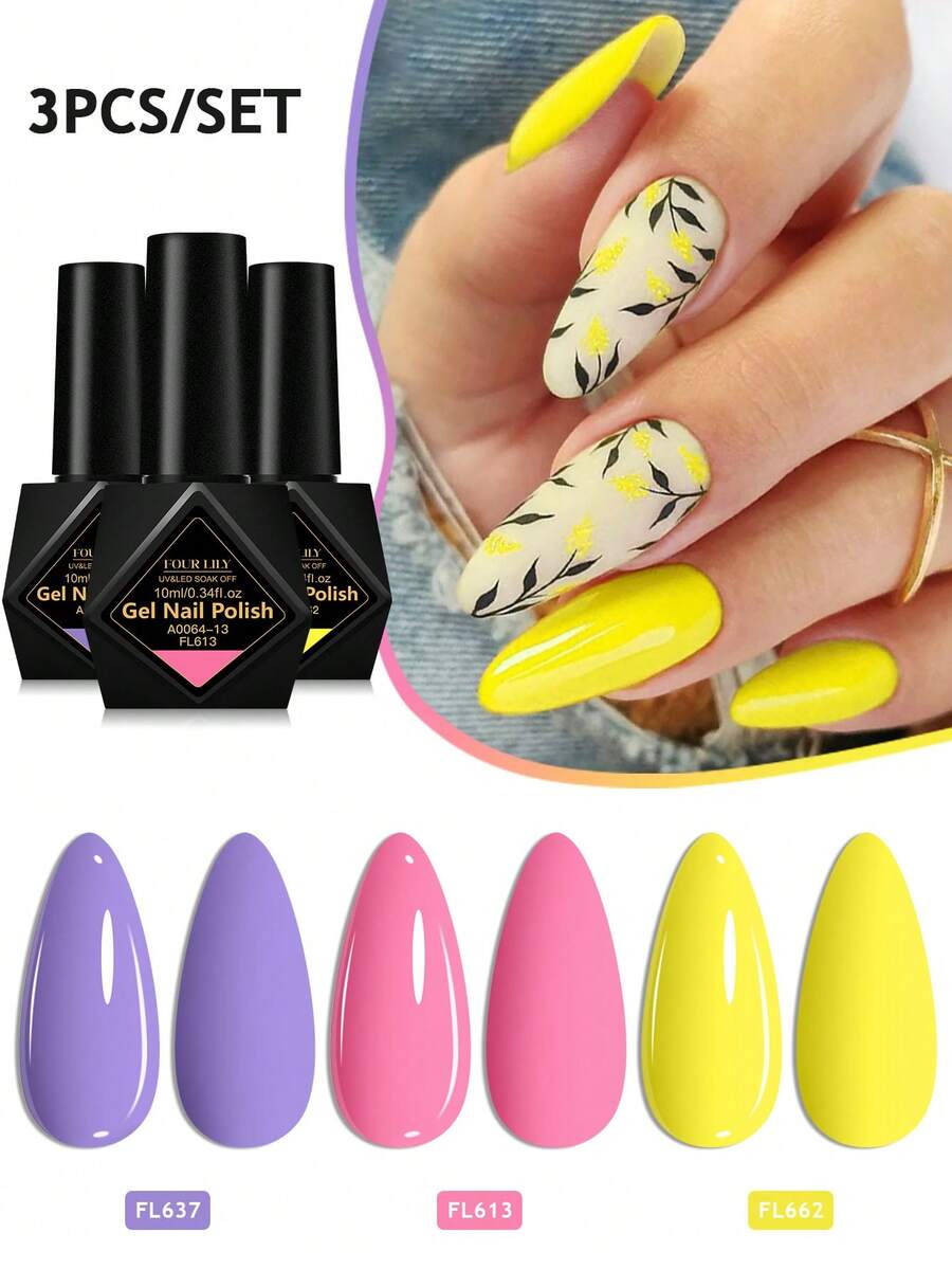 FOUR LILY 3件組 10ml 馬卡龍色凝膠指甲油套組，無HEMA、無TPO半永久可卸除UV凝膠指甲油，持久、無鉛DIY美甲裝飾，美甲沙龍與居家美甲護理用品